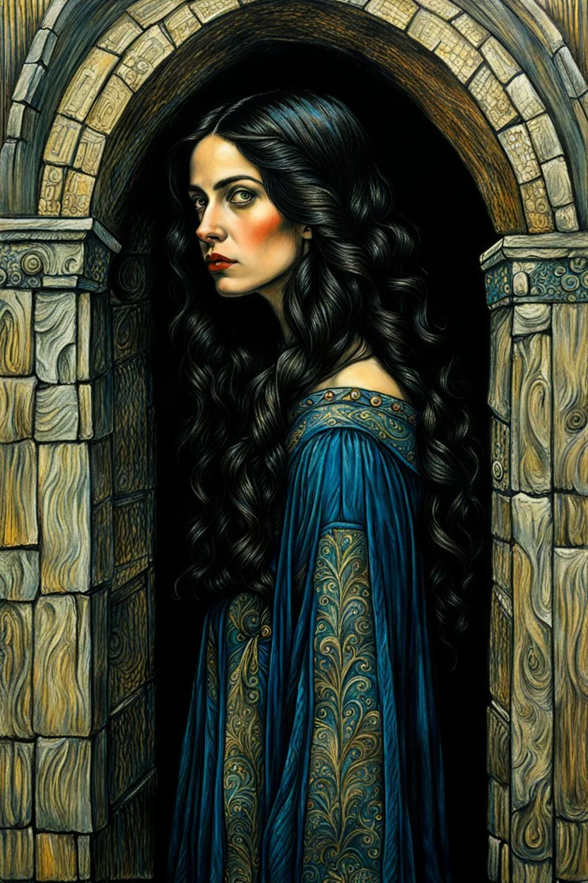 create a 3/4 profile, full body oil pastel of a dark haired, savage, ornately dressed, vampire girl with highly detailed , sharply defined hair and facial features , in a dismal 13th century crypt in the Pre-Raphaelite style of JOHN WILLIAM WATERHOUSE