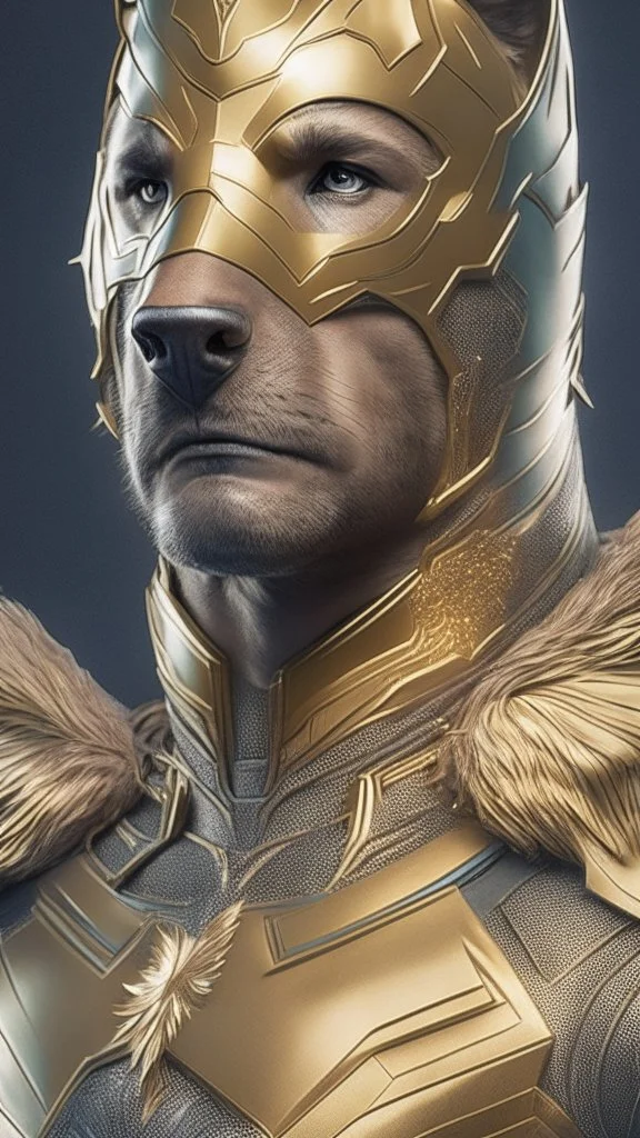 GustavoPetroman, cara de hombre, superheroe con antifaz de perro Golden Retriever dorado, detallado, traje de superhéroe, detallado, intrincado, fotorealista, arte conceptual, 4k