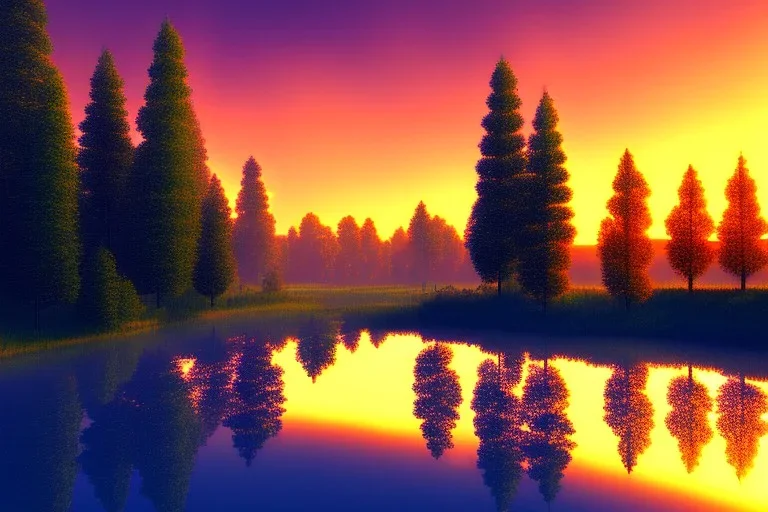 Trees, river, sunset