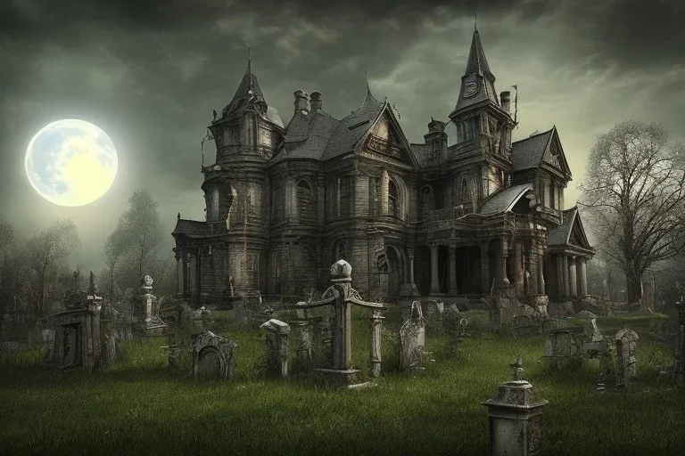 haunted house, grave yard, moon