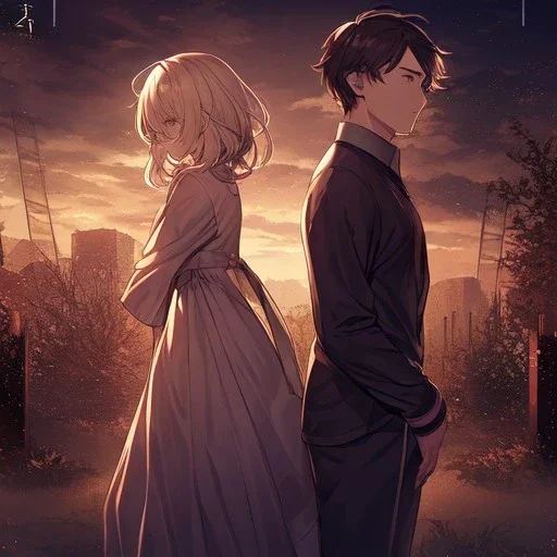 anime couple with day on one side night on the other, stormy night on one half, sunny day on the other half,ballancing scale, couple is standing back to back