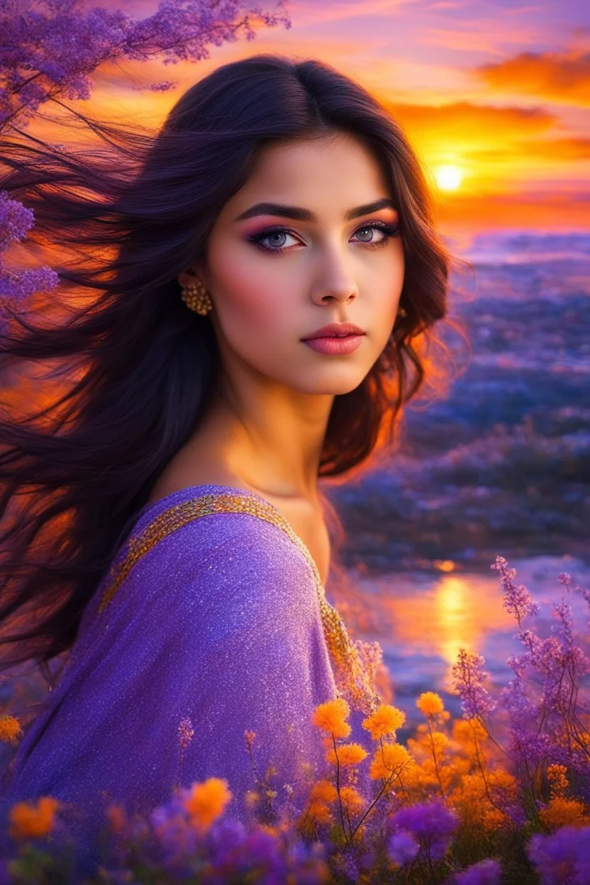 The girl with the dark hair and bold eyes watches the sunset, with a kindness untold, in hues of orange, purple, and gold. Behold this vibrant world, so beautiful in its display. Spring's breath whispers through the air, painting nature in colors beyond compare. Her soul shimmers, reflecting the vivid flair of the sky. This moment is frozen, forever to share.