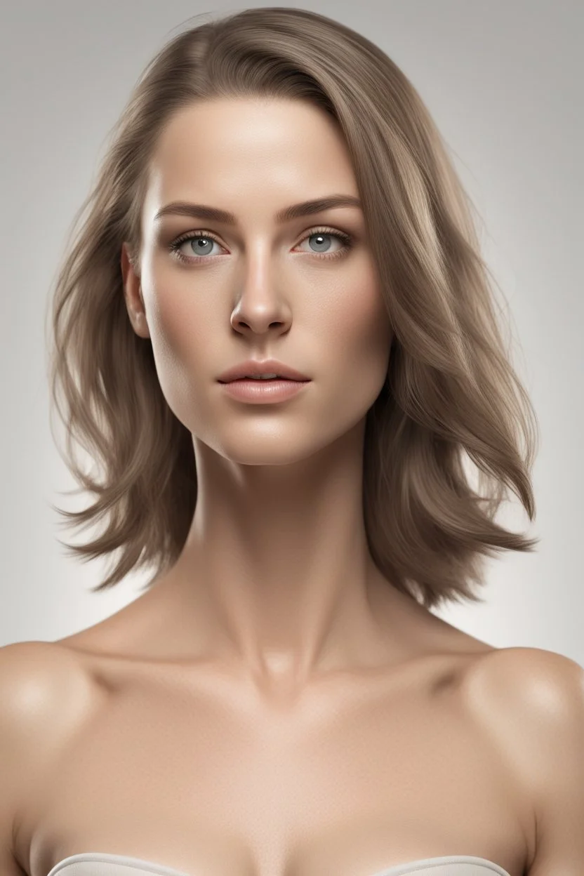 realistic, (29yr old female)without makeup, Caucasian beautiful face, 3/4 head position, dark hair, studio lighting, cinematic light, beautiful woman, milk beige middle hair, perfect anatomy, on white background, 8k Resolution, highly detailed, non-symmetrical body a, detailed hairstyles and skin texture