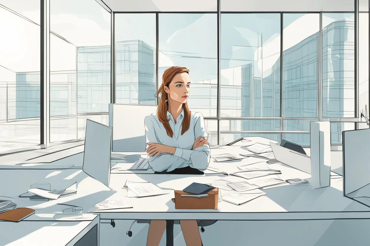 Beautiful problem solving woman in a modern office in sunshine