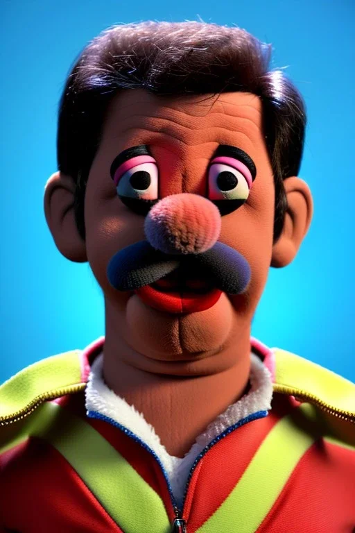 Waist up muppet Portrait, Nicolas maduro us muppet doll, Venezuelan president, tracksuit red blue and yellow, mustache, photo studio, red background, unreal engine 5, concept art, art station, ray tracing, lumen lighting, ultra detail, volumetric lighting, 3d.