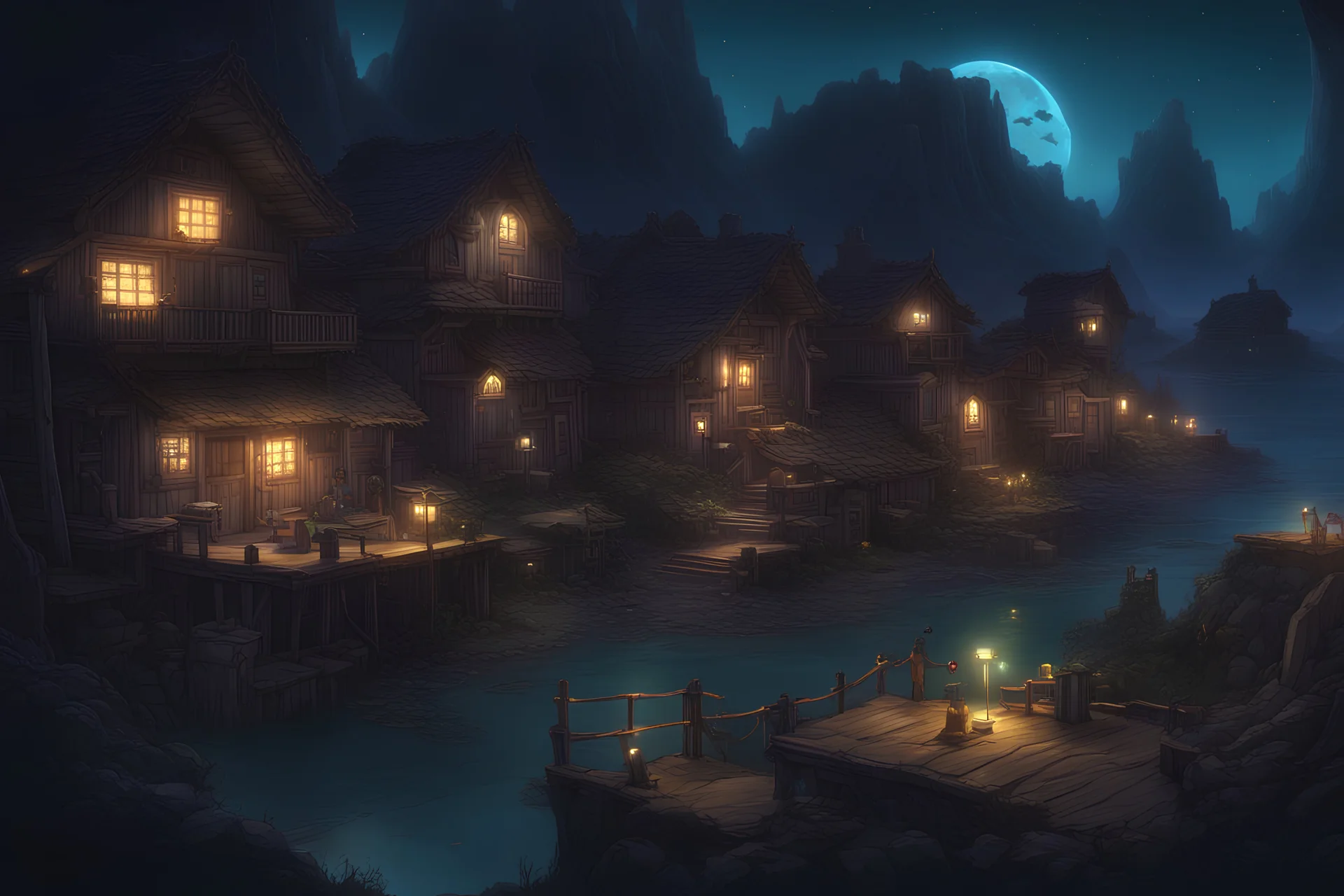 bioluminescent rasin village at night in starshine