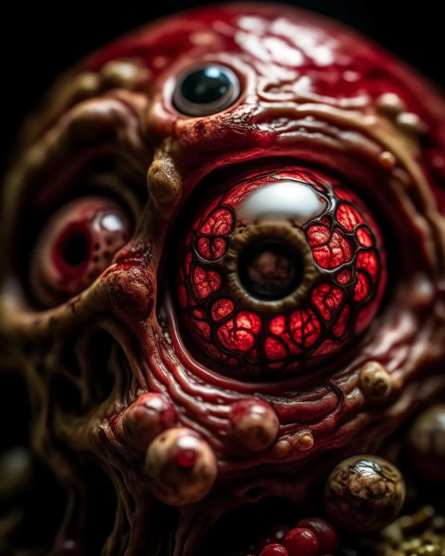 skull in eyes, intricate, 8k, macro photography , crushed inside really darkred fleshy stomach filled with digestive juices,