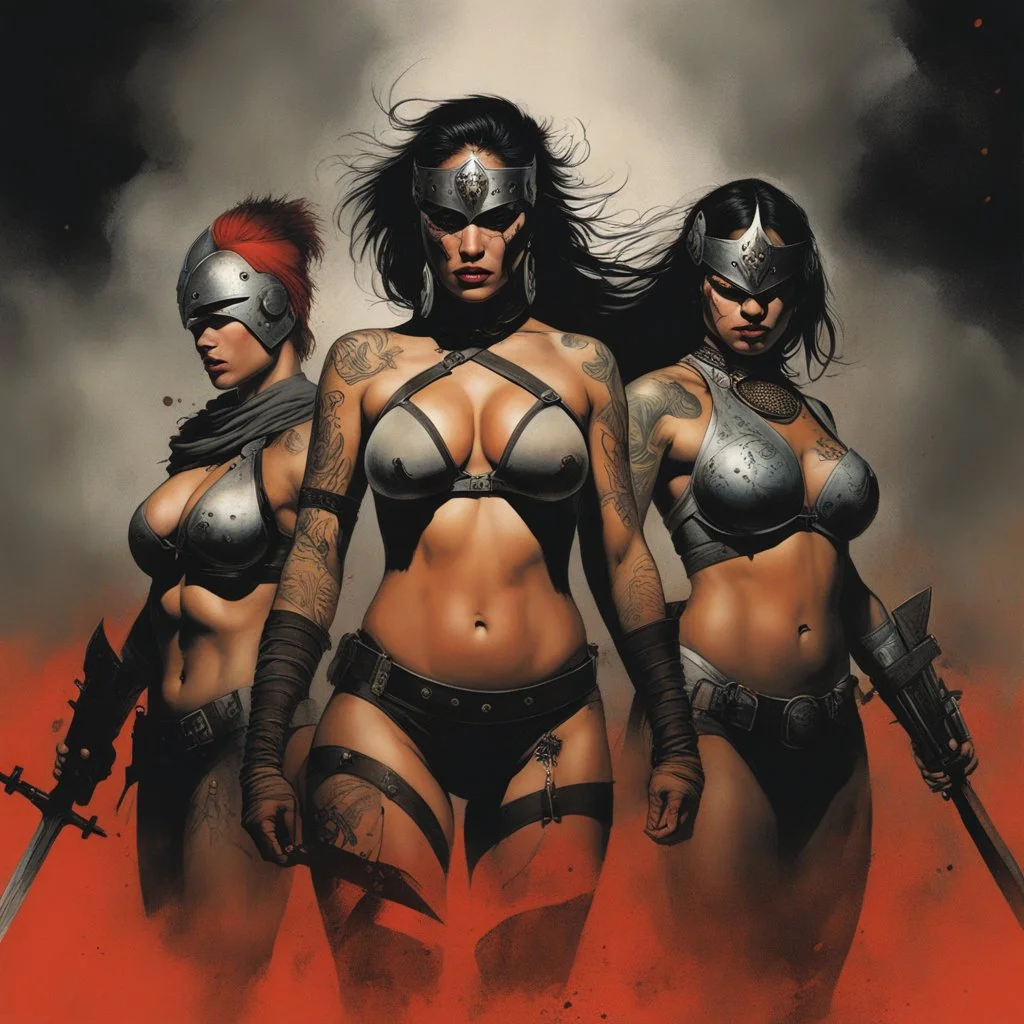 [art by Dave McKean and Katie Kush & Kenna James] Rebirthing undies two gorgons armoured female warriors covered with tattoos ready to fight on the battlefield under dust and blood