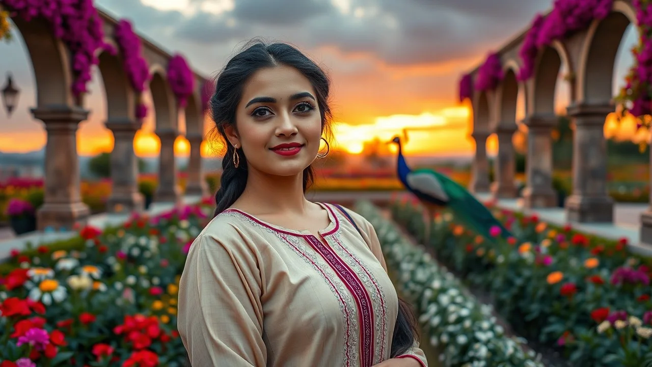 Hyper Realistic Photographic Close 3rd-Rule View Of A Beautiful Pashto Woman (With Beautiful Eyes Lips & Nose, & Long braid Black Hairstyle ; Wearing Beige Frock With Maroon & Purple Stripes & white embroidery) Happily Standing In A Beautiful Colorful Flower Garden With Fancy Stone Arches & A Peacocks Far Behind Her At Beautiful Cloudy Sunset Showing Dramatic & Cinematic Ambiance.