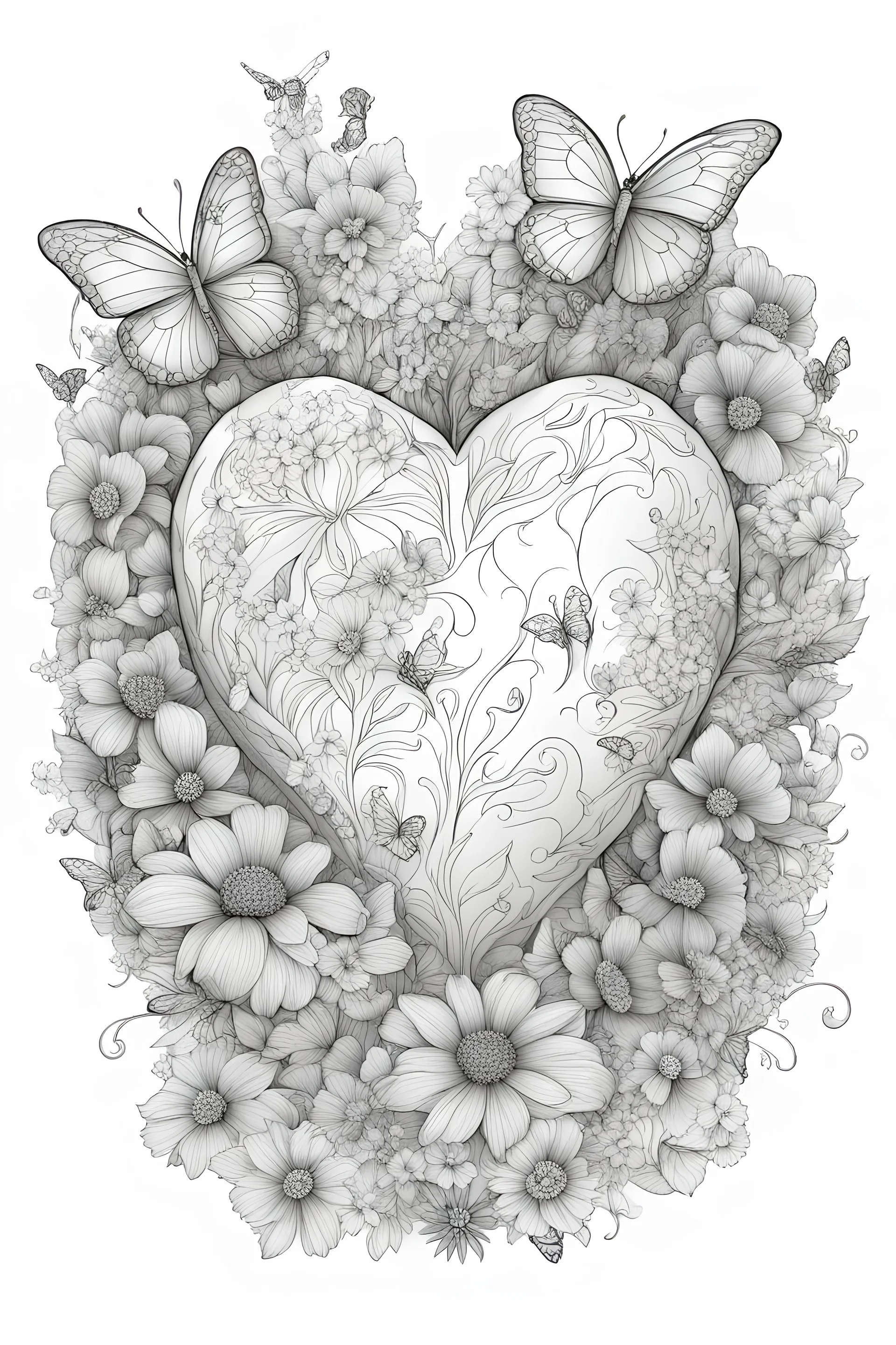 A heart surrounded by flowers and butterflies colouring pages, white background, Sketch style, only use outline, clean line art, white background, no shadows and clear and well delineated.