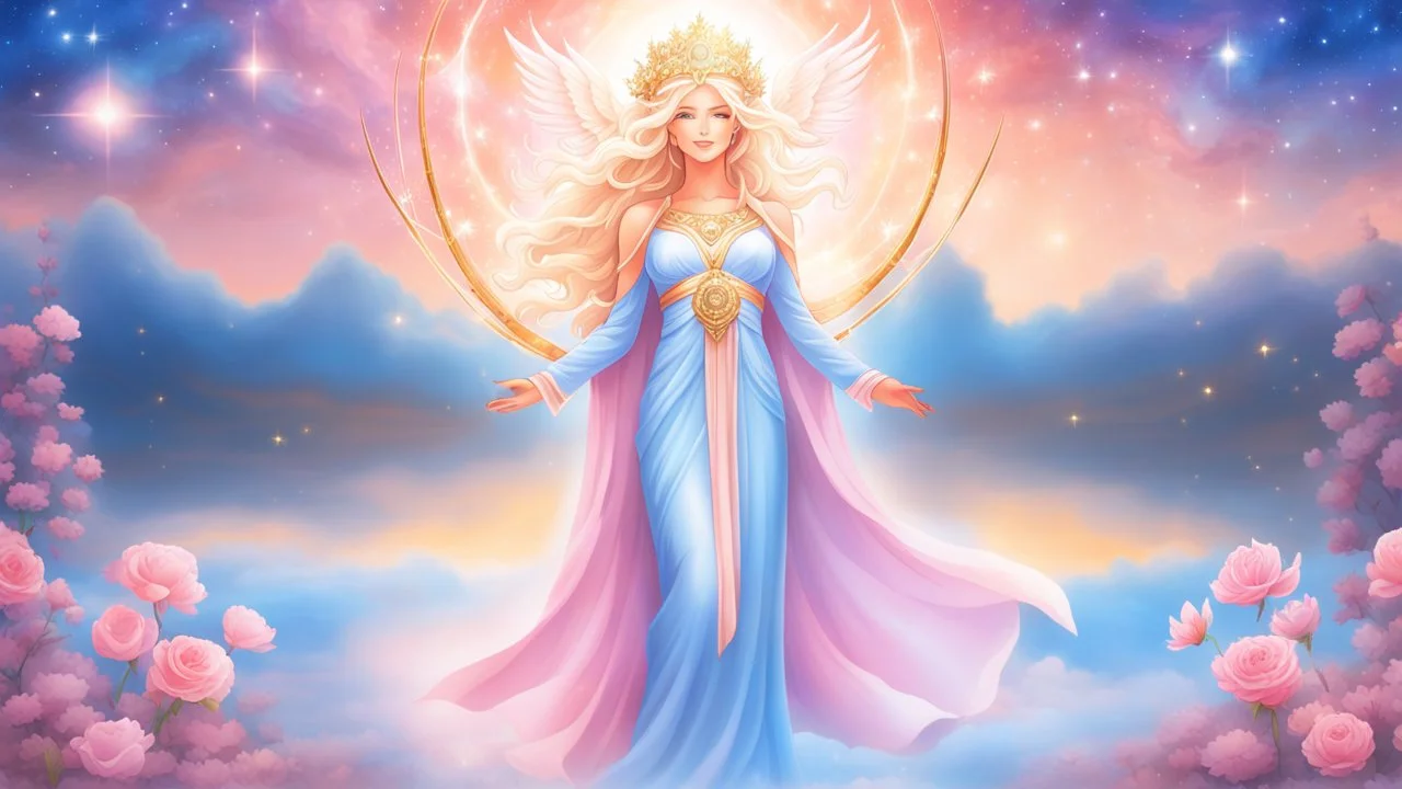 Create an image of a full body cosmic goddess. the goddess should be depicted as a beautiful and powerful figure, surrounded by cosmic stars. her hair should be long, blond and flowing, and she should be dressed in a flowing gown blue celestial robe. in the background, include imagery of pink flowers, blue sky, trees. the image should evoke a sense of joy, celebration, and spiritual connection to nature.