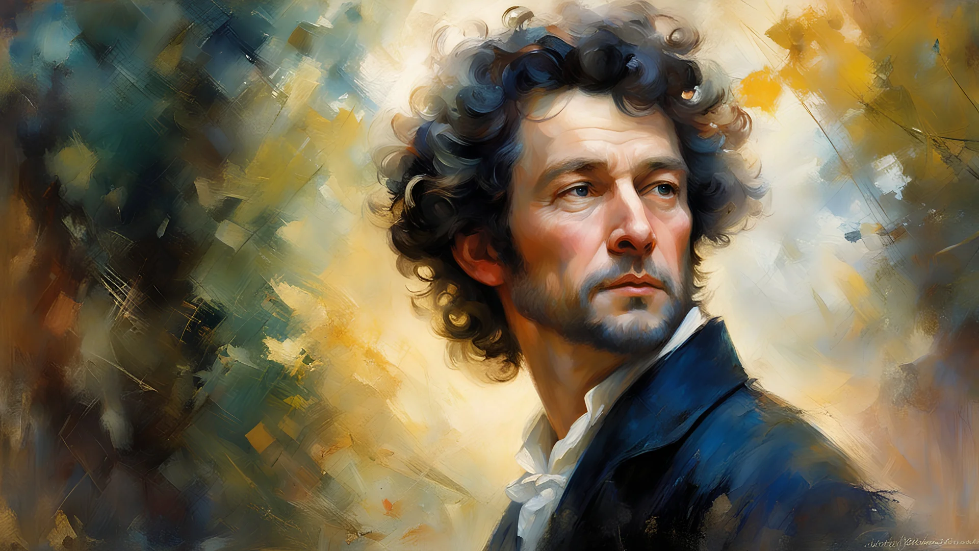 (Alexander Sergeyevich Pushkin), soft impressionist brushstrokes, richard schmid style canvas texture, magical glow, magical lighting, by Jean-Baptiste Monge: 20 Artgerm:5 and Greg Rutkowski:30, by richard schmid :10, Painting by richard schmid