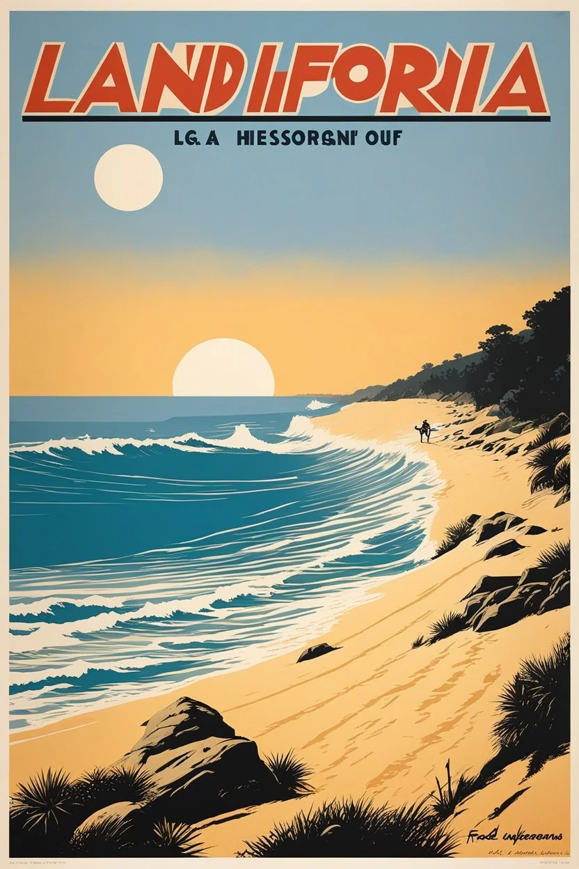 [Affiches "LANDIFORNIA" vintage by Fred Ludekens] Famous iconic Landifornia surf beach La Piste of Hossegor-Capbreton with its iconic bunkers