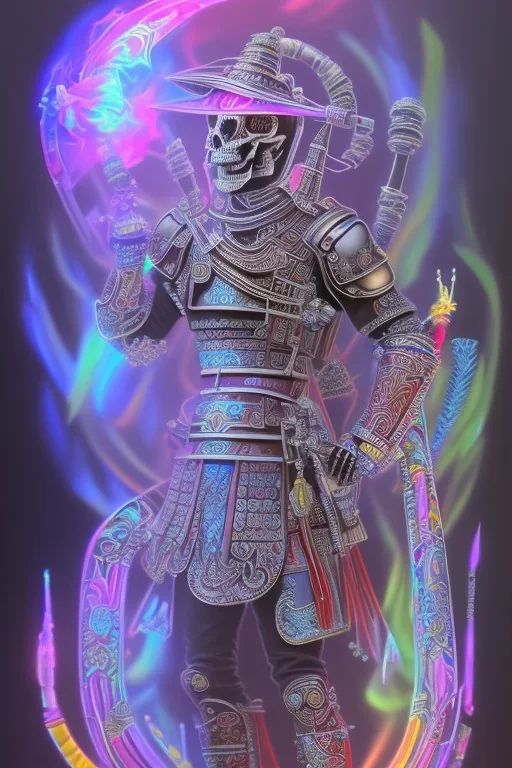 Futuristic Neon crystal skeleton samurai smoke glass fire water