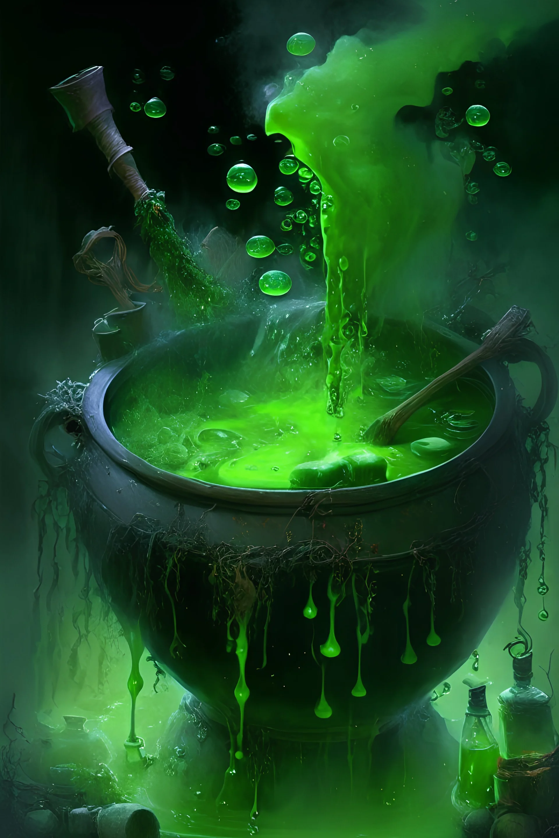 the witch's cauldron, with all the weird ingredients, green liquid with bubbles, dark, fantasy art, oil painting