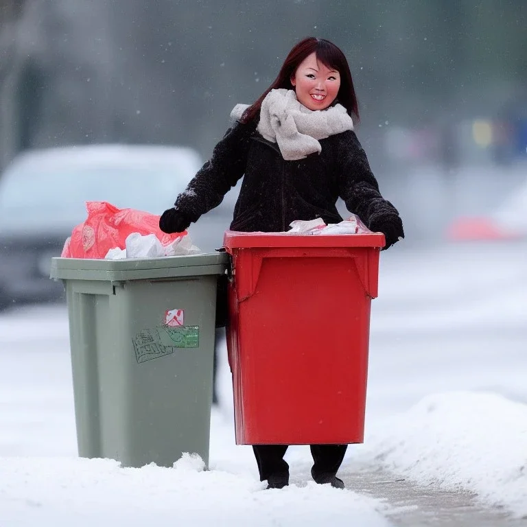 a lifelike picture of a asian women taking the rubbish out in the snow