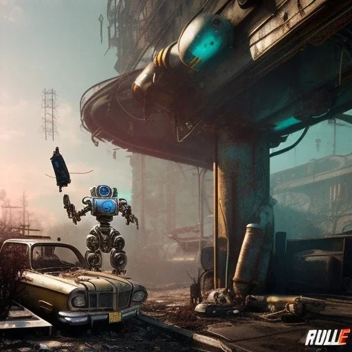 fallout 4 character, robot dog on roller skies in the streets of cyberpunk city filling up car, rail station, unreal, spray paint, clay, vox model