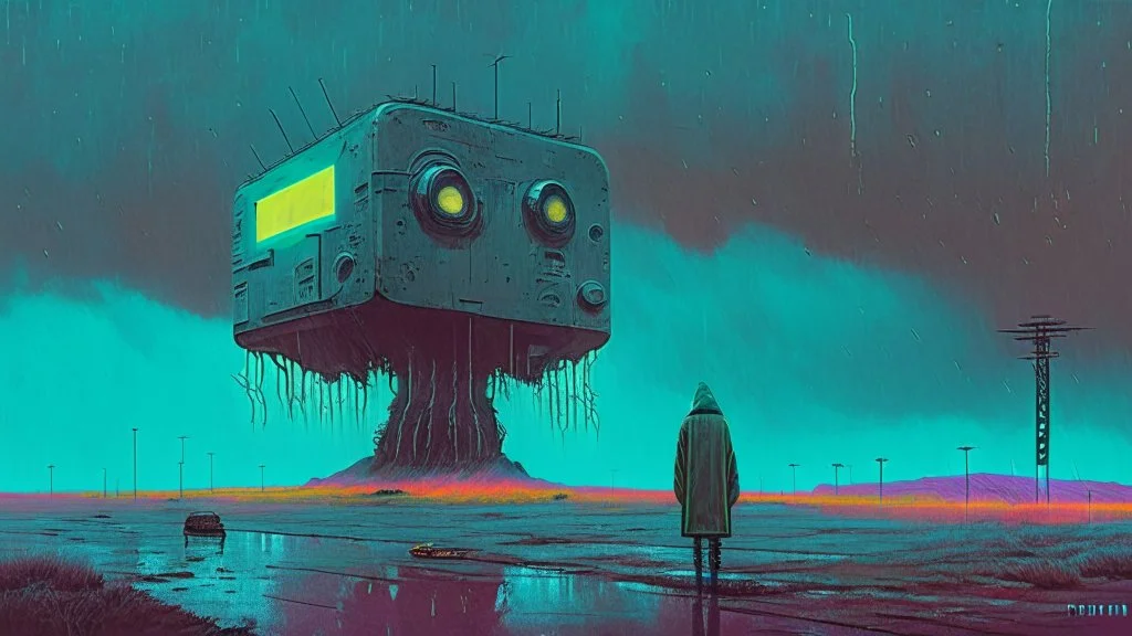 Strange surreal world, science fiction painting, Simon Stålenhag, Denis Sarazhin, ominous sky, Alex Colville, Alejandro Burdisio, Romain Trystram, RAW, gritty atmospheres, sinister surrealism, dark pop surrealism, neon techno-gothic punk, analog horror CRT, scan lines