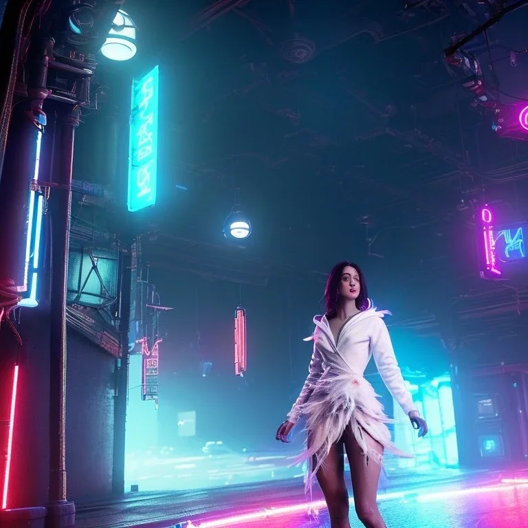 Pretty woman, white and gold dress, blue night, red lights, hoodie, feathers, cyberpunk style, leather, vibrant color, highly detailed, art stations, concept art, smooth, unreal engine 5, god rays, ray tracing, RTX, lumen lighting, ultra detail, volumetric lighting, 3d, finely drawn, high definition, high resolution, neon background.