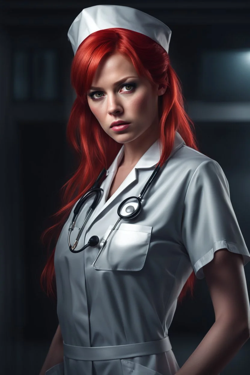 Portrait of a pretty young nurse with red hair, angry expression, photorealistic