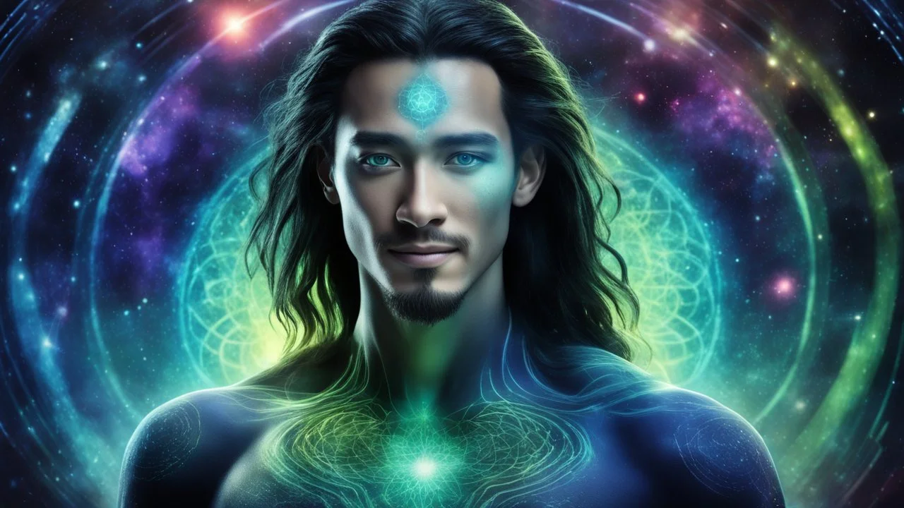 beautiful gorgeous young man na'vi with long hair, Avatar, blue skin, two small ears, green eyes, black hair, in cosmic suit, galactic ambiance, medium pointy goatee , smiling, nebulas and sacred geometry light figures on the backgroud,