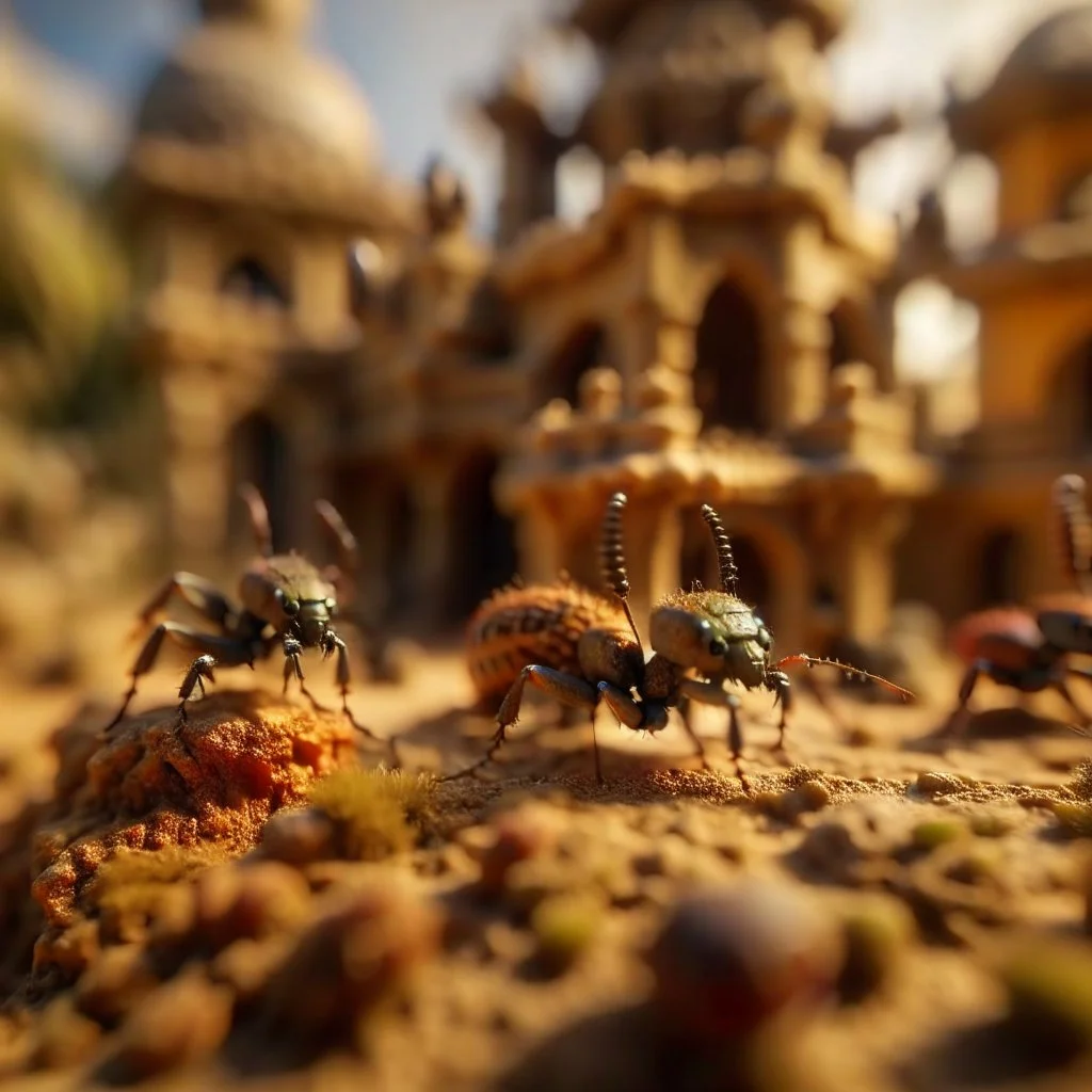 macro photo of ants in castle in the desert, photo-realistic, shot on Hasselblad h6d-400c, zeiss prime lens, bokeh like f/0.8, tilt-shift lens 8k, high detail, smooth render, down-light, unreal engine, downlight