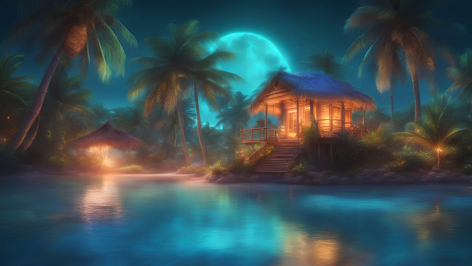 Idyllic lush fantasy colorfull lagoon bioluminescent with palm trees and tree house with a glow from the inside on the lagoon’s beach in 8k realistic and detail water and real cozy look