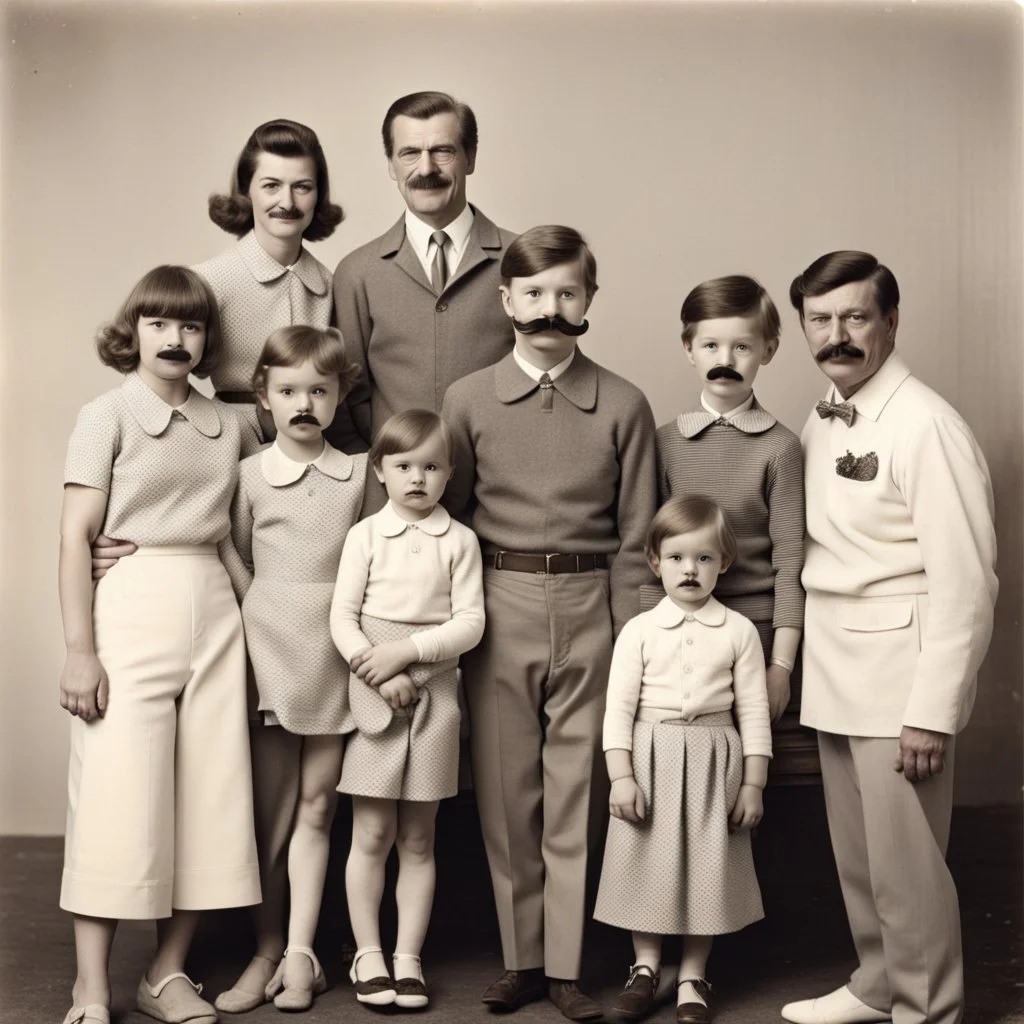 awkward family photo, all wearing the same type of clothes, 1960s, big mustaches