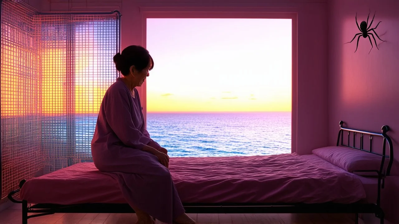 80s inspired with neon colors, grid patterns, and a futuristic, retro feel, near the sea, in a simple room with a single iron bed, an elderly Asian woman sits on the edge of the bed, observing a spider as the colorful sunset fills the room with light.