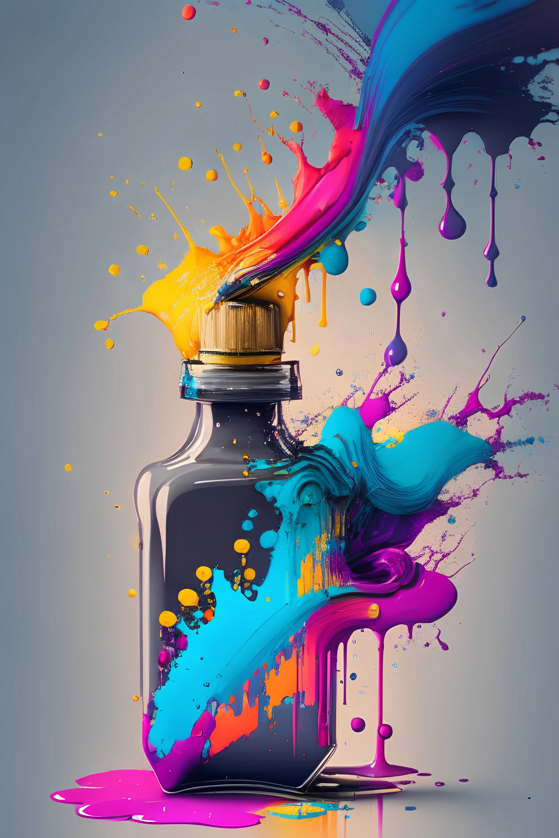 vector art ready to print highly detailed illustration of a ink bottle splashing a colorfull ink, 4k, highly detail, ultra realistic, cinematic lighting, 8k, vivid, colorfull lighting, surreal photography, portrait