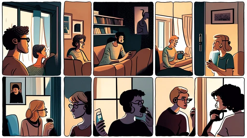 6 panels showing 12 different people in their house talking on the phone in a 12-step meeting