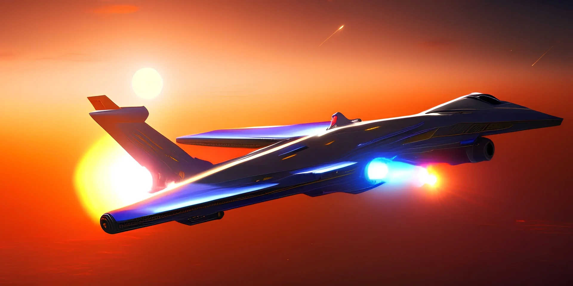 a space plane entering warp, sunset.