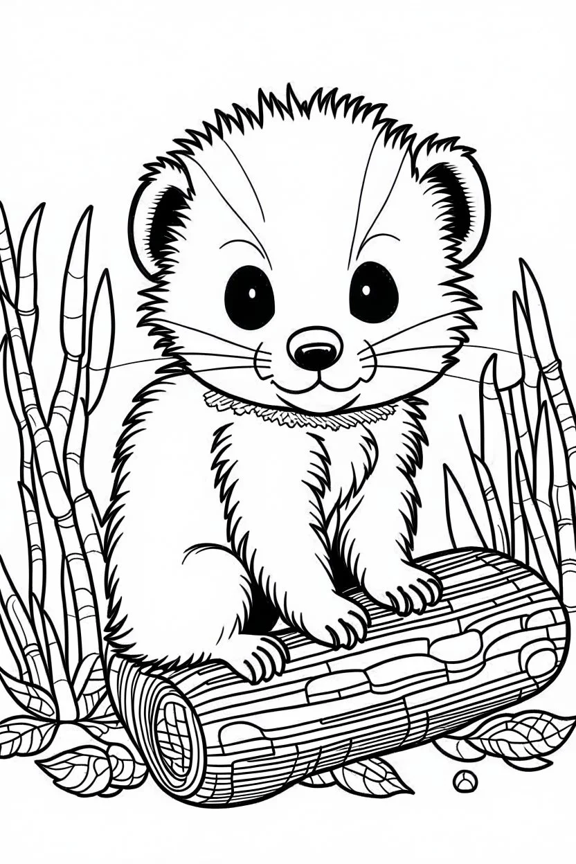 cute coloring page, sketch style, cute baby ferret in the wood, cute cartoon, white and black, withe background, no shadows, outline.