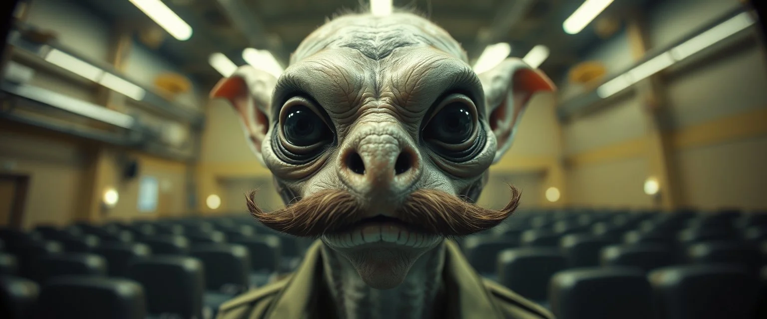 airbrush and pen outline, french art mustache , extreme close up on cheeky fluffy weasel goblin alien military prison guard news anchor elf family scumbag in the style of Escher and Giger and Fallout 4, pinhole cam, airbrush 3d rendering, on tv screen:A five-second cinematic single take in a clean industrial presentation hall.