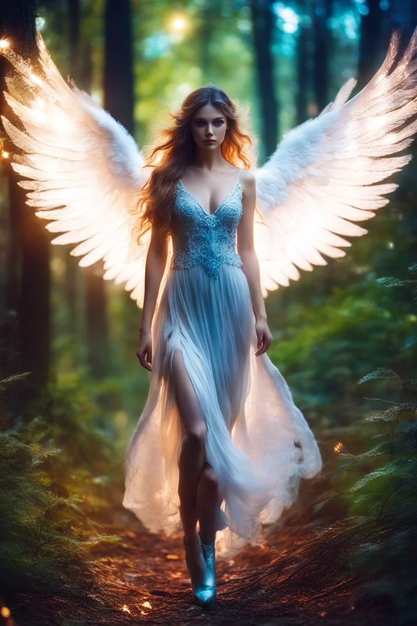 Beautiful Angel in Magical Forest full of lights colors, Photography Art Photoshoot Art Cinematic Soft Blur Colors - on Running Dramatic Pose