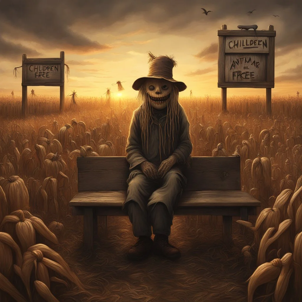 sunset over an entrance to a massive autumnal corn maze, creepy scarecrow busker slumped in bench, old wooden sign reads "CHILDREN ARE FREE", by Anton Semenov, by Godmachine, by Dave McKean, hyperdetailed oil matte painting, surreal horror art, warm autumnal colors.