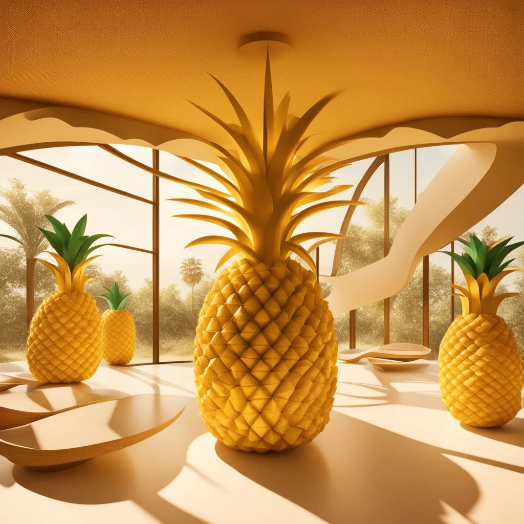 A tourist resort in the shape of a pineapple, interior design, sectiA tourist resort in the shape of a pineapple, interior design, facadeon