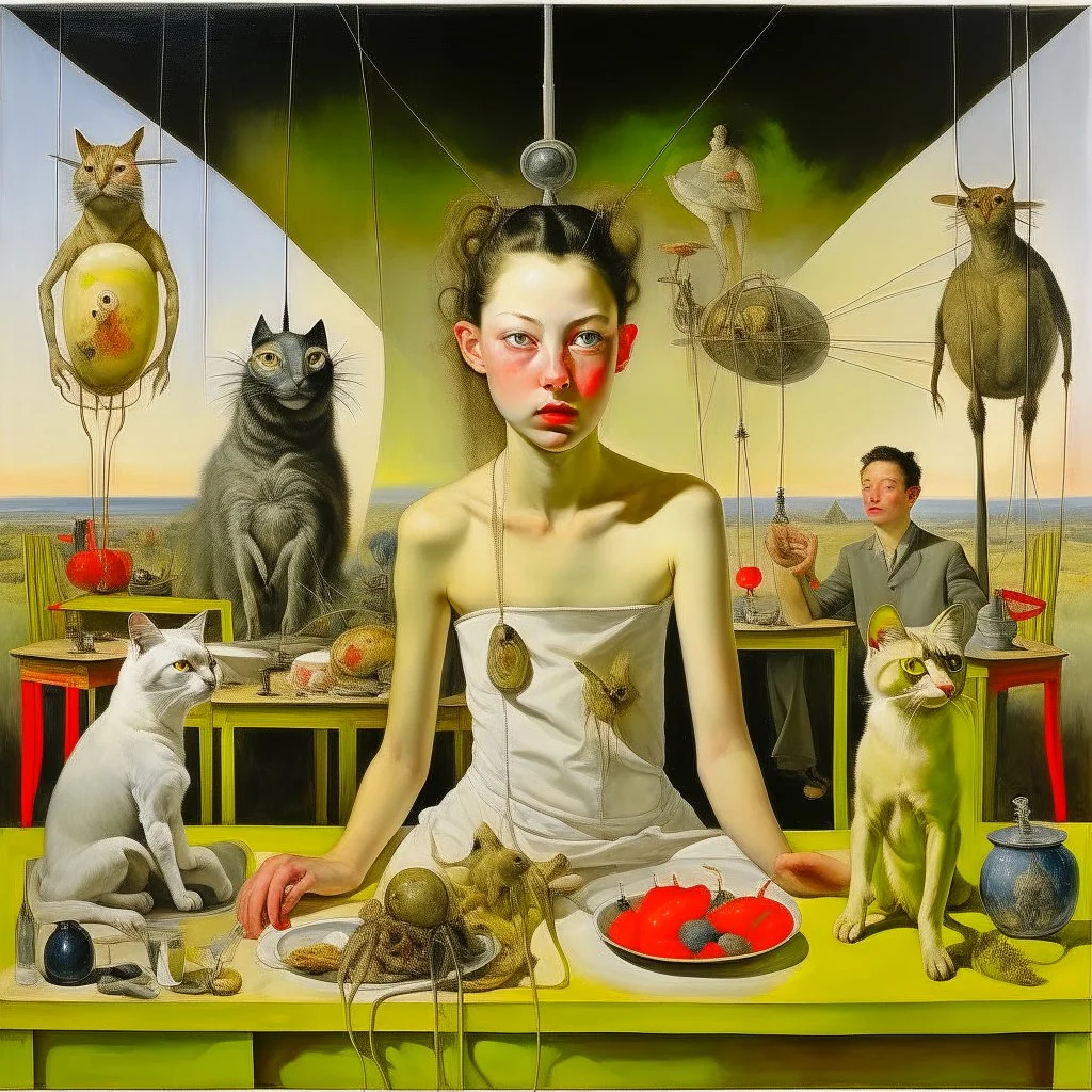 UN conference.a cat and human flesh-like surgical instruments and universe-like a pigeon and neuralink, surrealism,minimalism,Painting By Adrian Ghenie, Rene Magritte, Salvador Dali, Lucian Freud