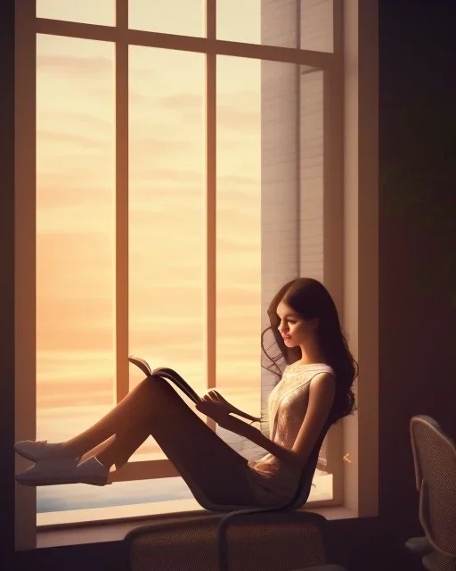 Beautiful, thin young woman, Arab home clothes, wavy hair, sitting on an office chair, reading a novel, next to a window, outside the window is sunset , 8k, finely detailed, photo realistic, cinematic