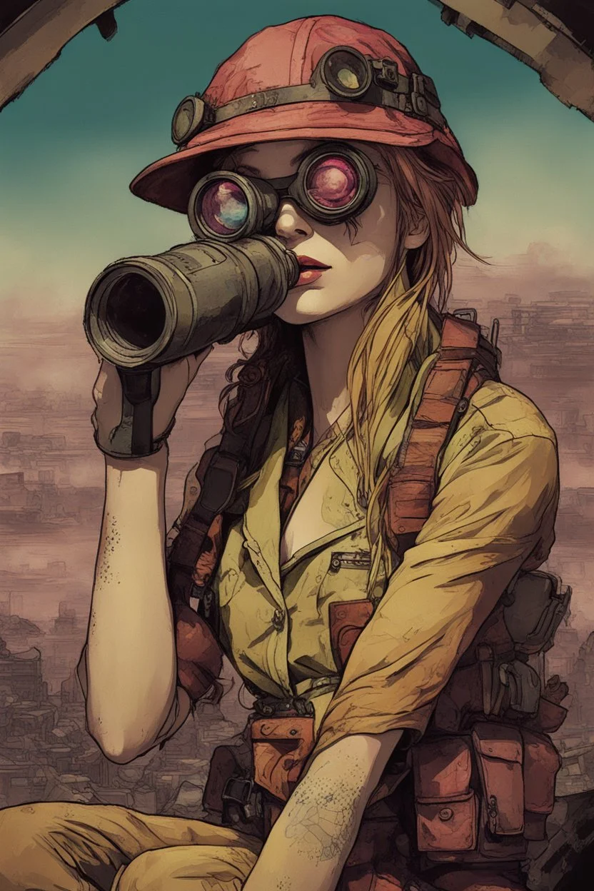 [Techno-Industrial ambiance] Scanning the misty panorama through her binoculars, Jess spied a flash of impossible color emerging in the distance. As the haze parted, a lone figure came into focus amidst the mutant sprawl, instantly drawing the eye across the hellish tapestry. Even from this removed vantage, the riotous tones of Tank Girl's patchwork garb made her stand out like a technicolor beacon. Pink and teal locks streamed behind her as she guided her vehicle deftly through the alien terrai