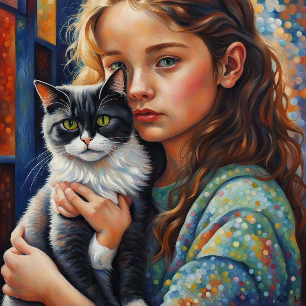 A girl and her cat inspirational styles - Pointillism, Realism and Fauvism