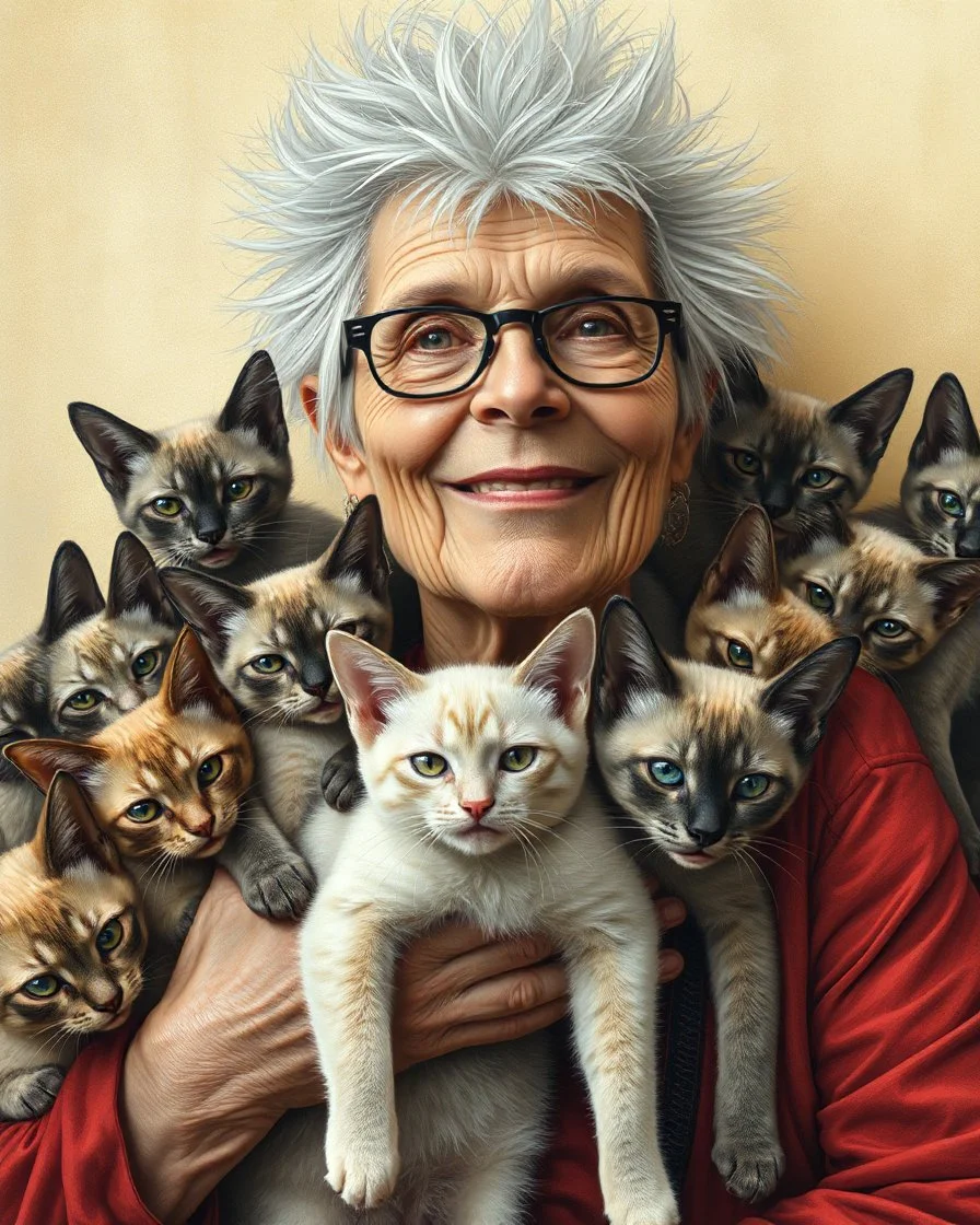 A old lady punk rocker with spiky silver hair, with her dozens of Oriental shorthair Siamese cats. By Vanja Vukelic, Benjamin Lacombe, Victor Brauner, Eileen Agar, Alex Grey, Michael Cheval and Naoto Hattori. Modifiers: sharp focus extremely detailed fantasy intricate very attractive award winning fantastic view hdr very cute pencil sketch science fiction complex insanely detailed whimsical fantastical art magical surrealism