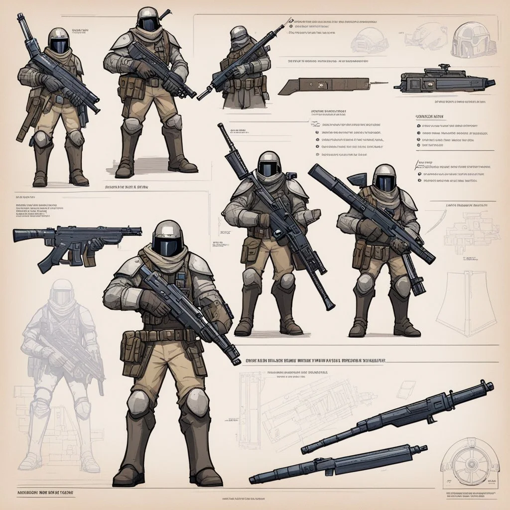 ConceptSheet blueprint [illustration by Angus McBride] Bounty Unit Loadout Concept: helmet, armour, and weapons with their blueprint: assault rifle, sniper long rifle, a dangerous knife, pistol, and all the package of a hunter