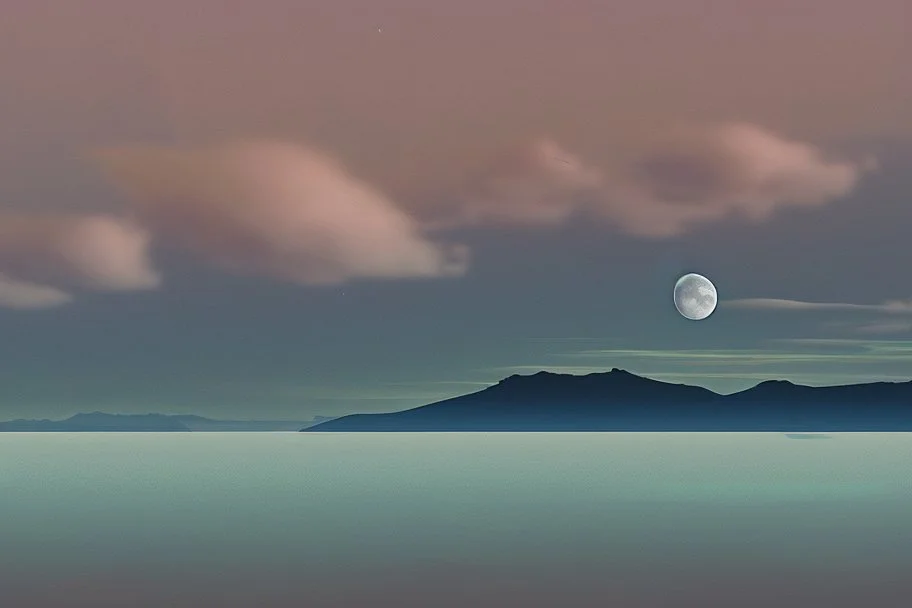 moon, clouds, distant city, lake, sci-fi, boat, epic