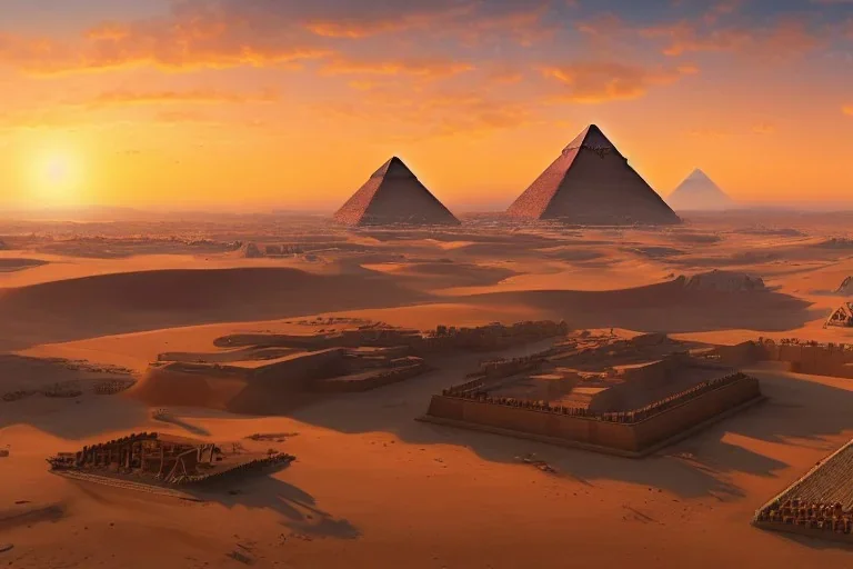 An ancient Egypt city at sunrise with 2 pyramids in the background, by matthieu lauffray, beautiful Egyptian temples, stunning environment, perfect composition, oil on canvas, super highly detailed, wide-angle, diffused lighting,8 k Uhd