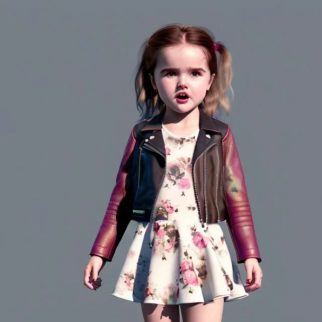 Zoey deutch toddler, full body, leather jacket, floral shirt, floral skirt, shoe, soft skin, city background, dramatic lighting, hyper realistic