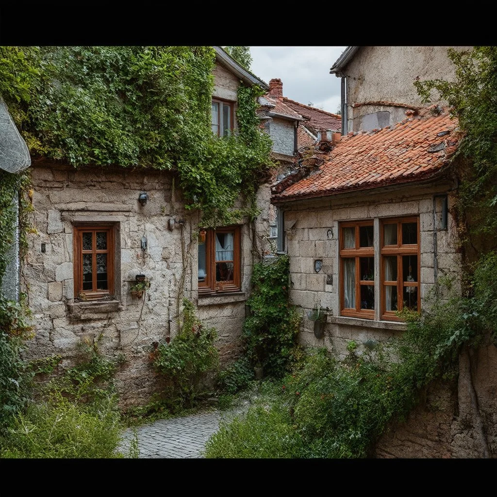 An oddest village, details of the houses very accentuated, Max Ernst style, claustrophobic and paranoic details, Hasselblad h6d400c
