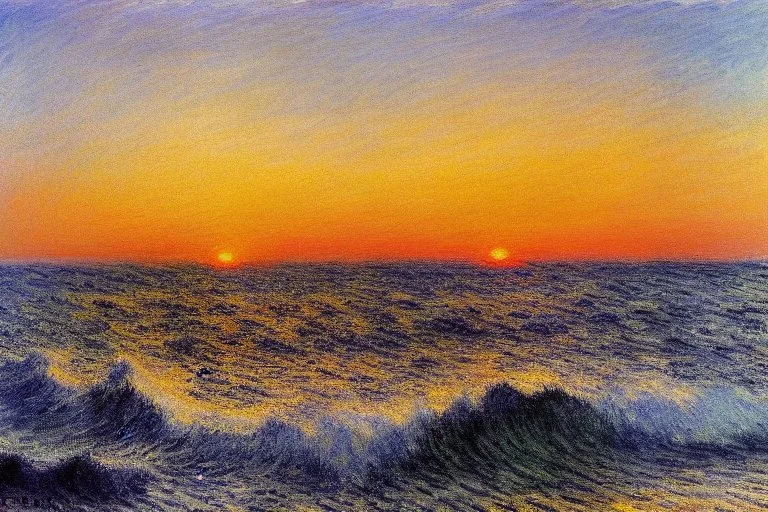 Amazing sunset, sea waves, sand, max liebermann and claude monet painting