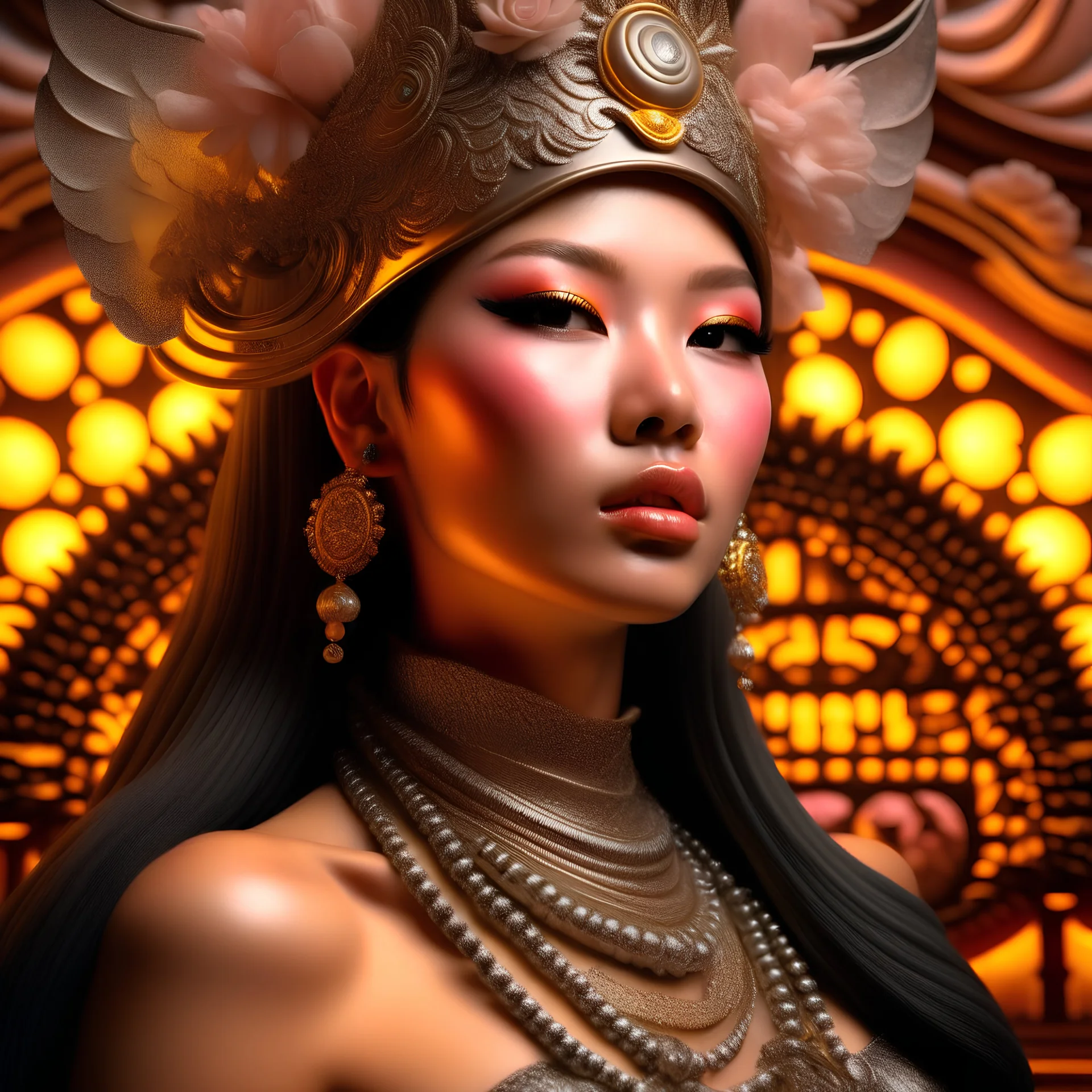 Hyperrealistic wetring style hoa bình hottest asian goddess orero dream adorned with whums, Kodak color, silver hot goddes dadaism silter style, sharp focus, 33mm photography, ornate, hypermaximalist, photorealistic light pink and dark silver rust gradient and front jut detailes, textured, background extremely detailed