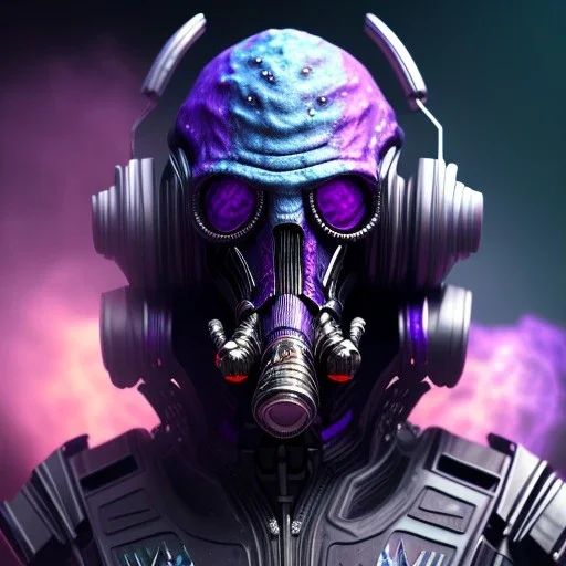 full body apocalyptic purple masked villain in galaxy, teal and purple smoke, detailed, realistic, 4k